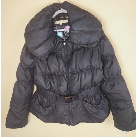 LAUNDRY BY DESIGN PUFFER BELTED COAT JACKET SZ XL DOWN FEATHERS Puffy Black - Picture 1 of 8